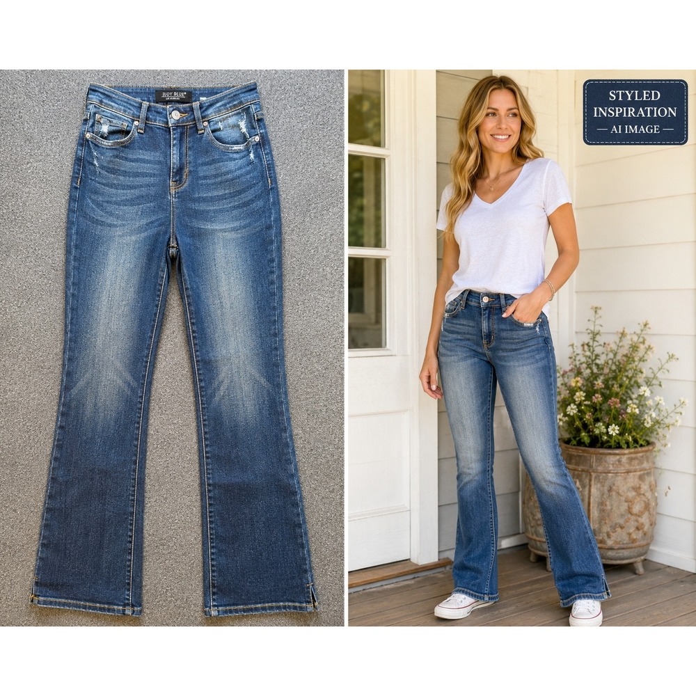 Judy Blue Slim Bootcut Jeans Women High Rise Distressed Blue 7/28 Excellent Boho